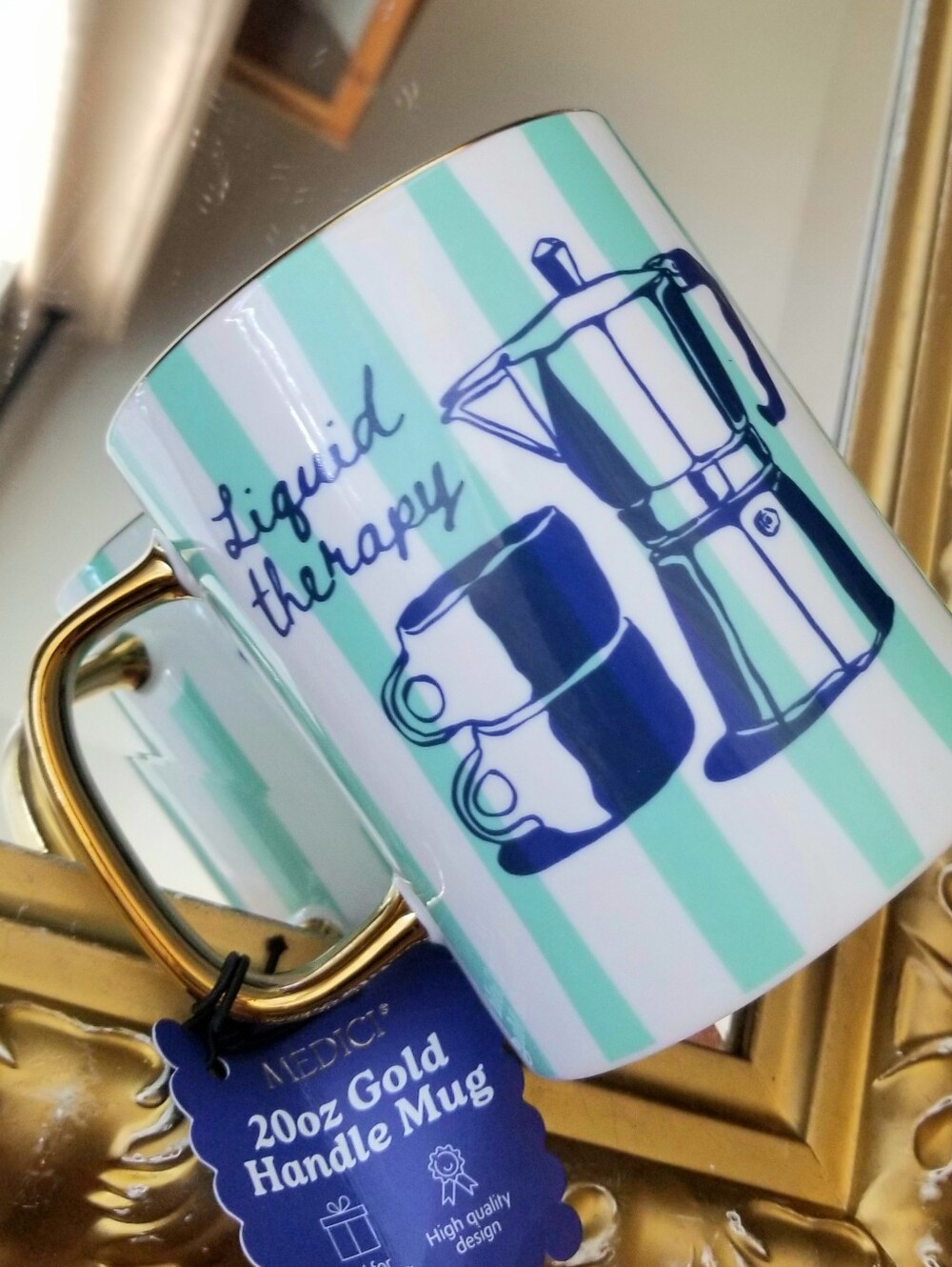 ❗Retro Style Teal White Striped, "Liquid Therapy" Mug❗